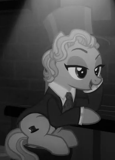 Size: 395x550 | Tagged: safe, derpibooru import, screencap, marelene dietrot, earth pony, pony, sparkle's seven, background pony, clothes, cropped, female, grayscale, hat, mare, marlene dietrich, monochrome, necktie, raised eyebrow, suit, top hat
