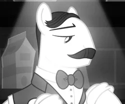 Size: 645x540 | Tagged: safe, derpibooru import, screencap, unnamed character, unnamed pony, pony, sparkle's seven, bowtie, cropped, facial hair, grayscale, juice jackie, lidded eyes, male, monochrome, moustache, solo, stallion, waiter