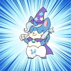 Size: 600x600 | Tagged: safe, artist:kushina13, derpibooru import, trixie, cocotama, semi-anthro, unicorn, abstract background, cape, card, clothes, eyes closed, female, hat, solo, trixie's cape, trixie's hat, wand