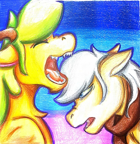 Size: 2292x2360 | Tagged: safe, artist:euspuche, derpibooru import, oc, oc:ananá, oc:pierrot fisher, deer, deer pony, earth pony, original species, bust, couple, portrait, raba-pony, sunset, traditional art