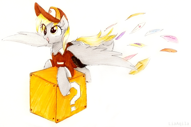 Size: 2938x1959 | Tagged: safe, artist:liaaqila, derpibooru import, derpy hooves, pegasus, pony, the point of no return, ? block, box, letter, mailbag, mailmare, nintendo, question mark block, simple background, smiling, solo, super mario bros., traditional art, white background