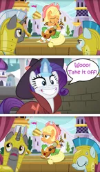 Size: 1919x3310 | Tagged: safe, derpibooru import, edit, edited screencap, editor:leonidus, screencap, applejack, rarity, earth pony, pony, unicorn, sparkle's seven, apple chord, brick wall, canterlot, cheering, detective rarity, dialogue, eyes closed, female, funny, grin, guard, guitar, interrupted, lesbian, magic, musical instrument, rarijack, scary face, shadow spade, shipping, singing, smiling, speech bubble, stage, sweat, sweatdrop, text, tower