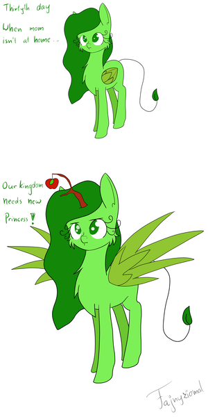 Size: 3000x6000 | Tagged: safe, artist:fajnyziomal, derpibooru import, oc, oc:świstek, unofficial characters only, alicorn, original species, pegasus, plant pony, pony, comic:świstek, alicorn oc, alicornified, apple, cheek fluff, chest fluff, comic, curly eyelashes, food, horn, plant, race swap, solo, spread wings, tree branch, wings