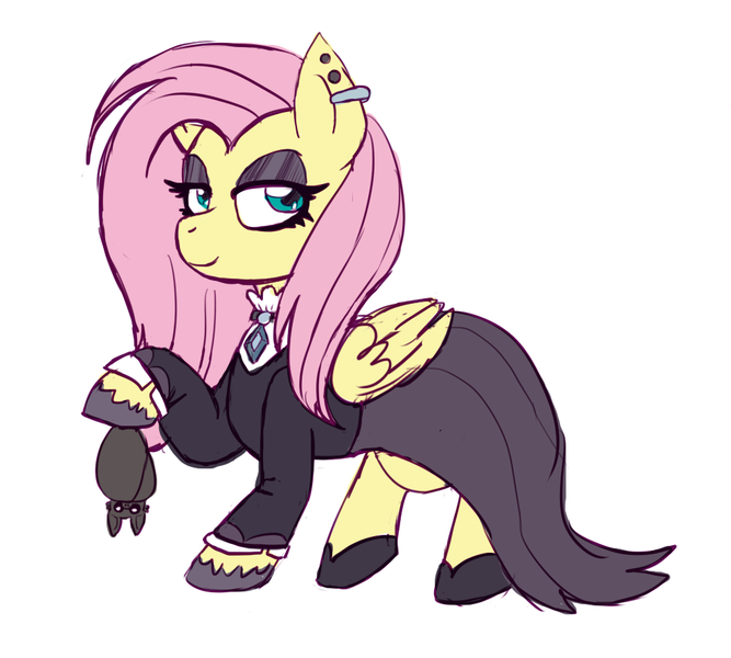 Size: 992x893 | Tagged: safe, artist:imp-da-cat, derpibooru import, fluttershy, bat, pegasus, pony, fake it 'til you make it, clothes, cute, dress, ear piercing, eyeshadow, female, fluttergoth, lidded eyes, makeup, mare, piercing, shyabetes, simple background, solo, white background