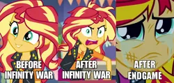 Size: 900x428 | Tagged: safe, derpibooru import, edit, edited screencap, screencap, sunset shimmer, equestria girls, equestria girls (movie), equestria girls series, rollercoaster of friendship, adorable face, angry, avengers, avengers: endgame, avengers: infinity war, before and after, clothes, crying, cute, fangirl, geode of empathy, infinity war, it's not about the parakeet, jacket, magical geodes, meme, messy hair, sad, sunsad shimmer