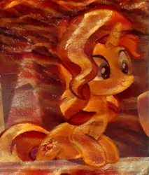 Size: 471x554 | Tagged: safe, derpibooru import, edit, screencap, sunset shimmer, pony, unicorn, equestria girls, equestria girls series, spring breakdown, spoiler:eqg series (season 2), bacon, cropped, cute, dreamscope edit, food, meat, shimmerbetes, solo