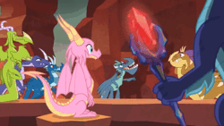 Size: 480x270 | Tagged: animated, background dragon, bloodstone scepter, derpibooru import, dragon, dragoness, evil grin, female, gaius (dragon), gif, grin, looking back, safe, scales (character), screencap, sitting, smiling, smirk, teenaged dragon, the hearth's warming club