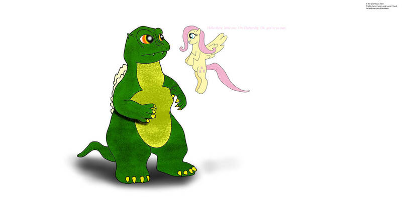 Size: 1259x635 | Tagged: safe, artist:legendaryanimations, derpibooru import, fluttershy, kaiju, pony, godzilla, godzilla (series), little godzilla