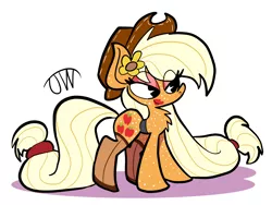 Size: 1859x1400 | Tagged: safe, artist:joeywaggoner, derpibooru import, applejack, earth pony, pony, applejack's hat, chest fluff, clothes, cowboy hat, eye clipping through hair, eyeshadow, female, flower, flower in hair, freckles, hat, implied lesbian, implied rarijack, implied shipping, lipstick, long mane, long tail, makeup, mare, older, red eyeshadow, red lipstick, socks, solo, stockings, thigh highs
