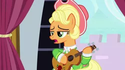 Size: 1920x1080 | Tagged: safe, derpibooru import, screencap, applejack, earth pony, pony, sparkle's seven, alternate hairstyle, apple chord, clothes, female, guitar, lidded eyes, mare, musical instrument, solo