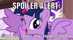 Size: 750x411 | Tagged: safe, derpibooru import, twilight sparkle, twilight sparkle (alicorn), alicorn, pony, three's a crowd, bunty the hen, catchphrase, chicken run, derpypasta, one eye closed, solo, spoiler alert, wat, wink