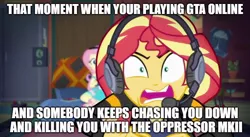 Size: 888x488 | Tagged: safe, derpibooru import, edit, edited screencap, screencap, fluttershy, sunset shimmer, equestria girls, equestria girls series, game stream, spoiler:eqg series (season 2), caption, gamer sunset, grand theft auto, gta online, gta v, image macro, meme, rageset shimmer, sunset gamer, sunset shimmer frustrated at game, sunset's apartment, text, video game
