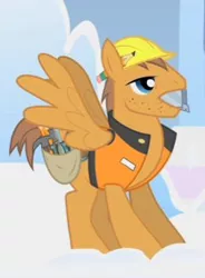 Size: 254x346 | Tagged: safe, derpibooru import, screencap, rivet, pegasus, pony, sonic rainboom (episode), animation error, clothes, cropped, hard hat, male, pencil behind ear, safety vest, solo, stallion, vest, wings