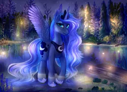 Size: 3200x2300 | Tagged: safe, artist:pabelka-belka, derpibooru import, princess luna, alicorn, firefly (insect), insect, pony, ear fluff, ethereal mane, female, forest, jewelry, lake, lidded eyes, looking at you, mare, night, regalia, solo, spread wings, starry mane, wings