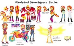 Size: 8700x5400 | Tagged: safe, artist:wubcakeva, derpibooru import, sunset shimmer, demon, equestria girls, equestria girls (movie), friendship games, rainbow rocks, the science of magic, clothes, daydream shimmer, dress, helmet, lab coat, magic, motorcross, motorcross outfit, motorcycle, pajamas, ponied up, reference sheet, sunset satan, sunset the science gal, sunset welder