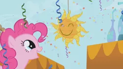 Size: 1280x720 | Tagged: safe, derpibooru import, screencap, pinkie pie, earth pony, pony, the ticket master, confetti, female, imagine spot, mare, piñata, solo, streamers