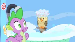 Size: 1280x720 | Tagged: baby, baby dragon, bathtub, bird, derpibooru import, dragon, duo, hat, male, owl, owlowiscious, owl's well that ends well, safe, screencap, shower, shower cap, spike