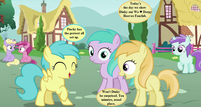 Size: 960x512 | Tagged: safe, derpibooru import, edit, edited screencap, screencap, aura (character), dinky hooves, liza doolots, noi, petunia, rainy feather, ruby pinch, tootsie flute, earth pony, pegasus, pony, unicorn, secrets and pies, aurabetes, background pony, cropped, cute, dialogue, dinkabetes, eyes closed, female, filly, implied derpy, noiabetes, pinchybetes, ponyville, rainybetes, raised hoof, speech bubble, tootsie cute
