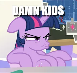 Size: 1040x983 | Tagged: alicorn, annoyed, caption, chalkboard, cropped, derpibooru import, edit, edited screencap, grumpy, image macro, pouting, safe, screencap, sitting, solo, sparkle's seven, text, twilight sparkle, twilight sparkle (alicorn)