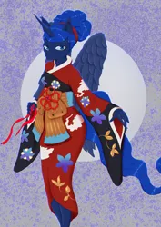 Size: 1024x1449 | Tagged: abstract background, alternate hairstyle, anthro, artist:yoye-wolfgrel, clothes, derpibooru import, full moon, hairband, kimono (clothing), moon, princess luna, safe, solo