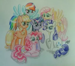 Size: 1387x1224 | Tagged: safe, artist:prinrue, derpibooru import, applejack, fluttershy, pinkie pie, rainbow dash, rarity, twilight sparkle, twilight sparkle (alicorn), alicorn, earth pony, pegasus, pony, unicorn, applejack's hat, cowboy hat, female, flying, freckles, hat, mane six, mare, prone, smiling, stetson, traditional art