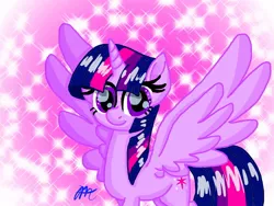 Size: 1024x768 | Tagged: safe, artist:prinrue, derpibooru import, twilight sparkle, twilight sparkle (alicorn), alicorn, pony, female, magic, mare, movie accurate, purple, smiling, solo, spread wings, wings