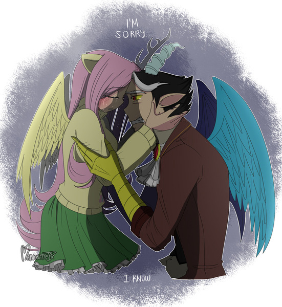 Size: 1280x1393 | Tagged: safe, artist:marionette-j2x, derpibooru import, discord, fluttershy, human, twilight's kingdom, abstract background, crying, discoshy, eyes closed, female, holding each other, horn, horned humanization, humanized, male, shipping, signature, straight, winged humanization, wings