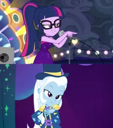Size: 1920x2160 | Tagged: safe, derpibooru import, edit, screencap, sci-twi, trixie, twilight sparkle, equestria girls, equestria girls series, spring breakdown, spoiler:eqg series (season 2), all good (song), female, lesbian, microphone, sci-twixie, shipping, siblings, sisters, twixie