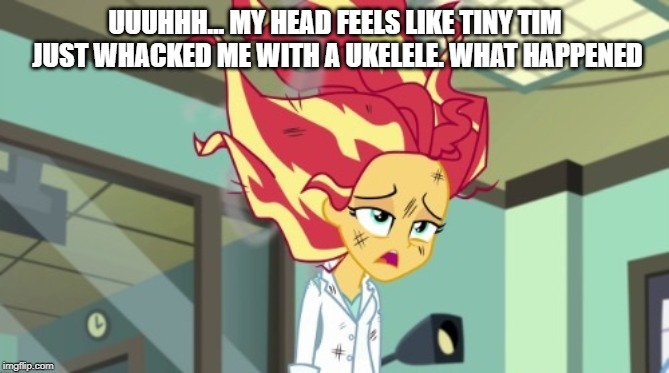 Size: 669x373 | Tagged: safe, derpibooru import, edit, edited screencap, screencap, sunset shimmer, equestria girls, friendship games, the science of magic, clothes, destroy all humans! 2, imgflip, lab coat, meme, messy hair, misspelling, sunset the science gal