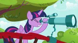 Size: 2100x1180 | Tagged: safe, derpibooru import, screencap, twilight sparkle, twilight sparkle (alicorn), alicorn, pony, twilight's kingdom, female, golden oaks library, hoof hold, mare, one eye closed, solo, telescope, tree