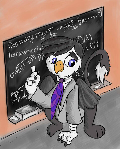 Size: 1536x1907 | Tagged: safe, alternate version, artist:greenfinger, derpibooru import, oc, oc:talon turing, unofficial characters only, gryphon, fanfic:the iron horse: everything's better with robots, chalk, chalkboard, clothes, fancy mathematics, fanfic art, griffon oc, male, math, necktie, solo, suit