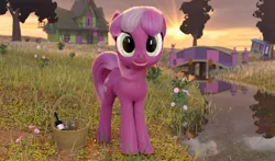 Size: 2031x1194 | Tagged: safe, artist:gabe2252, derpibooru import, cheerilee, pony, alcohol, basket, bridge, cycles, flower, grass, house, river, solo, tree, trixie's wagon, uncanny valley, wine