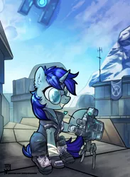 Size: 2200x3000 | Tagged: safe, artist:jedayskayvoker, derpibooru import, oc, oc:save state, unofficial characters only, pony, unicorn, borderlands, clothes, crossover, male, scenery, sitting, smiling, tedore (borderlands), video game crossover
