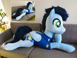 Size: 3720x2792 | Tagged: safe, artist:epicrainbowcrafts, derpibooru import, soarin', pony, clothes, irl, life size, photo, plushie, prone, solo, uniform, wonderbolts dress uniform