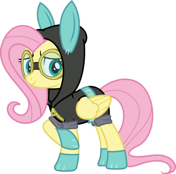 Size: 1953x1925 | Tagged: safe, artist:phucknuckl, derpibooru import, fluttershy, pegasus, pony, sparkle's seven, bunny ears, clothes, costume, dangerous mission outfit, female, goggles, hoodie, inkscape, looking at you, mare, simple background, solo, transparent background, vector