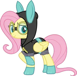 Size: 1953x1925 | Tagged: safe, artist:phucknuckl, derpibooru import, fluttershy, pegasus, pony, sparkle's seven, bunny ears, clothes, costume, dangerous mission outfit, female, goggles, hoodie, inkscape, looking at you, mare, simple background, solo, transparent background, vector