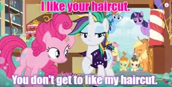 Size: 622x317 | Tagged: safe, derpibooru import, edit, edited screencap, screencap, applejack, fluttershy, pinkie pie, pound cake, pumpkin cake, rainbow dash, rarity, twilight sparkle, twilight sparkle (alicorn), alicorn, earth pony, pegasus, pony, unicorn, it isn't the mane thing about you, alternate hairstyle, cowboy hat, female, freckles, hat, male, mane six, mare, poofy pie, punk, raripunk, spider-man: into the spider-verse, text