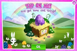 Size: 1156x766 | Tagged: advertisement, angel bunny, animal, derpibooru import, dragon egg, easter, egg, gameloft, holiday, magic coins, official, rabbit, safe, spike's egg