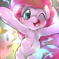 Size: 1536x1536 | Tagged: safe, artist:kurogewapony, derpibooru import, pinkie pie, earth pony, pony, abstract background, bipedal, both cutie marks, confetti, cute, diapinkes, female, frog (hoof), full face view, looking at you, mare, one eye closed, open mouth, smiling, solo, this will end in hugs, underhoof, wink