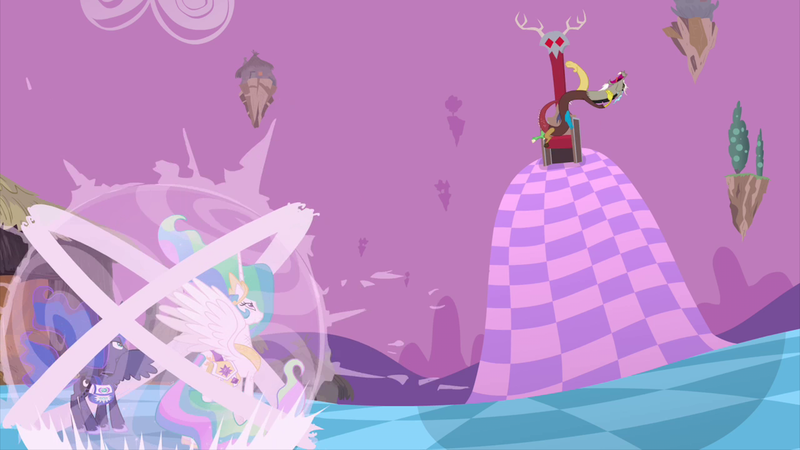 Size: 2100x1181 | Tagged: safe, derpibooru import, screencap, discord, princess celestia, princess luna, alicorn, draconequus, pony, princess twilight sparkle (episode), chaos, discord's throne, discorded landscape, ethereal mane, female, flashback, floating island, hut, laughing, magic, male, mare, open mouth, purple sky, royal sisters, throne, tree