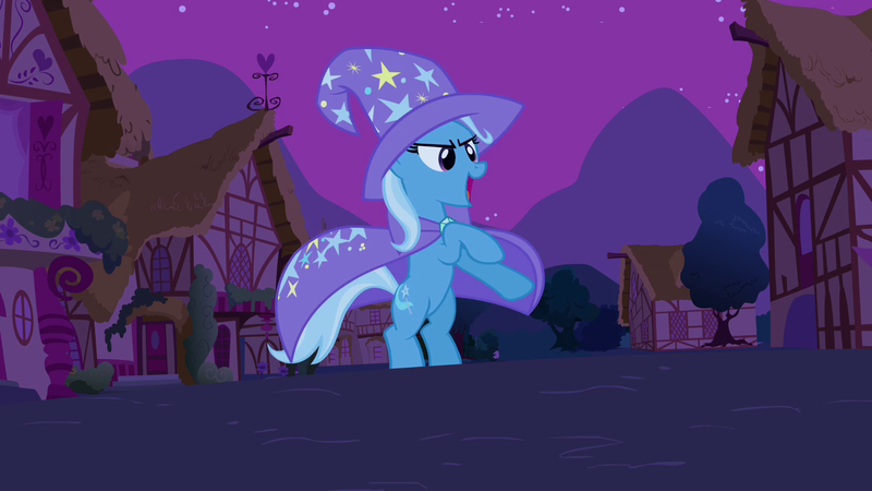 Size: 1280x720 | Tagged: safe, artist:waleedtariqmmd, derpibooru import, edit, edited screencap, screencap, trixie, pony, unicorn, magic duel, cape, clothes, hat, rearing, solo, trixie's cape, trixie's hat