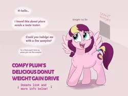 Size: 4000x3000 | Tagged: safe, artist:comfyplum, derpibooru import, part of a set, oc, oc:comfy plum, pegasus, pony, series:comfy plum's delicious donut drive, chest fluff, female, hooves together, incentive drive, ko-fi, mare, open mouth, smiling, weight gain comic, weight gain sequence, wings