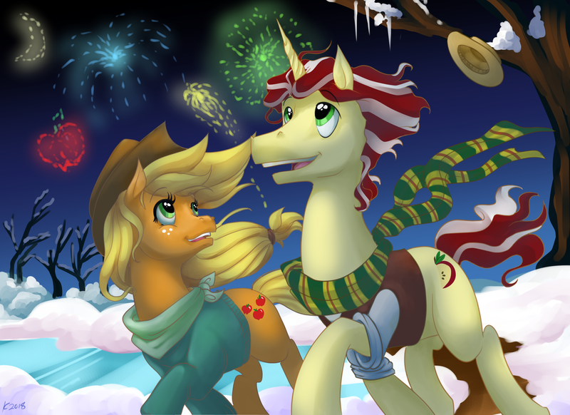 Size: 3850x2800 | Tagged: safe, artist:moostargazer, derpibooru import, applejack, flim, earth pony, pony, unicorn, best gift ever, applejack's hat, boater hat, clothes, cowboy hat, female, fireworks, flimjack, hat, lake, male, new year, outfit, scarf, shipping, snow, straight, tree