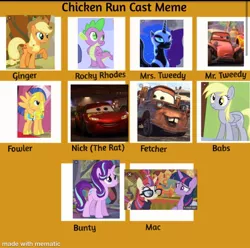 Size: 800x792 | Tagged: safe, derpibooru import, applejack, derpy hooves, flash sentry, moondancer, nightmare moon, spike, starlight glimmer, twilight sparkle, pony, cars (pixar), chicken run, derpypasta, lightning mcqueen, mater, recast meme, sandy dunes, tow mater