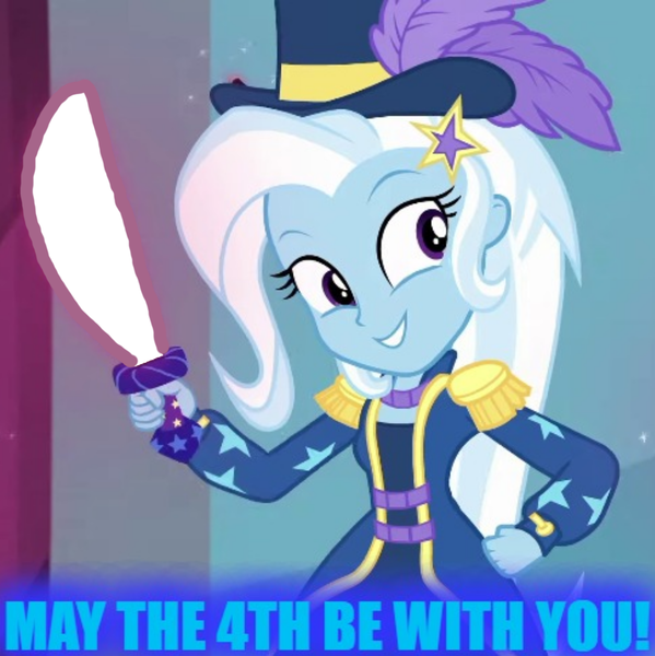 Size: 1077x1078 | Tagged: safe, derpibooru import, edit, trixie, equestria girls, equestria girls series, street magic with trixie, spoiler:eqg series (season 2), lightsaber, may the fourth be with you, meme, star wars, weapon