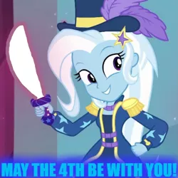 Size: 1077x1078 | Tagged: safe, derpibooru import, edit, trixie, equestria girls, equestria girls series, street magic with trixie, spoiler:eqg series (season 2), lightsaber, may the fourth be with you, meme, star wars, weapon