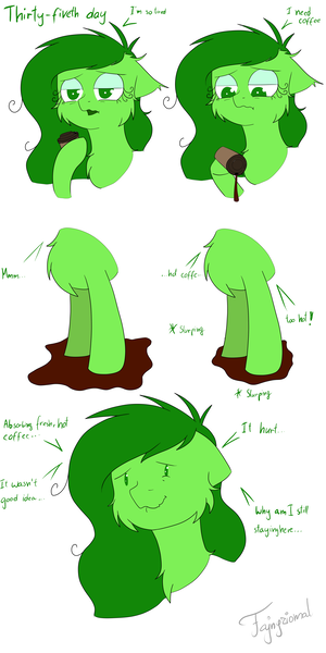 Size: 3000x6000 | Tagged: safe, artist:fajnyziomal, derpibooru import, oc, oc:świstek, unofficial characters only, original species, plant pony, pony, comic:świstek, absorption, cheek fluff, chest fluff, coffee, comic, curly eyelashes, ear fluff, hot, pain, plant, pouring, puddle, solo, tired