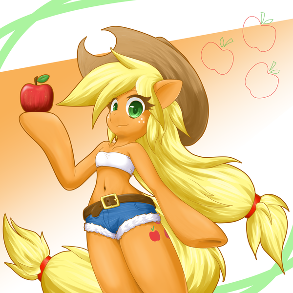 Size: 2000x2000 | Tagged: apple, applejack, applejack's cutie mark, arm hooves, artist:ragurimo, bare shoulders, belly button, clothes, colored pupils, cute, cutie mark, derpibooru import, food, jackabetes, safe, semi-anthro, shorts, solo, tube top