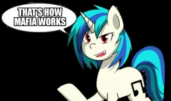 Size: 1284x753 | Tagged: safe, derpibooru import, edit, vinyl scratch, pony, comic:adapting to night, fangs, female, mare, meme, red eyes, solo, that's how mafia works, wrong eye color