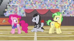 Size: 1280x720 | Tagged: safe, derpibooru import, screencap, lucky clover, pinkie pie, saturn (character), pony, common ground, buckball uniform, las pegasus resident, referee shirt, whistle